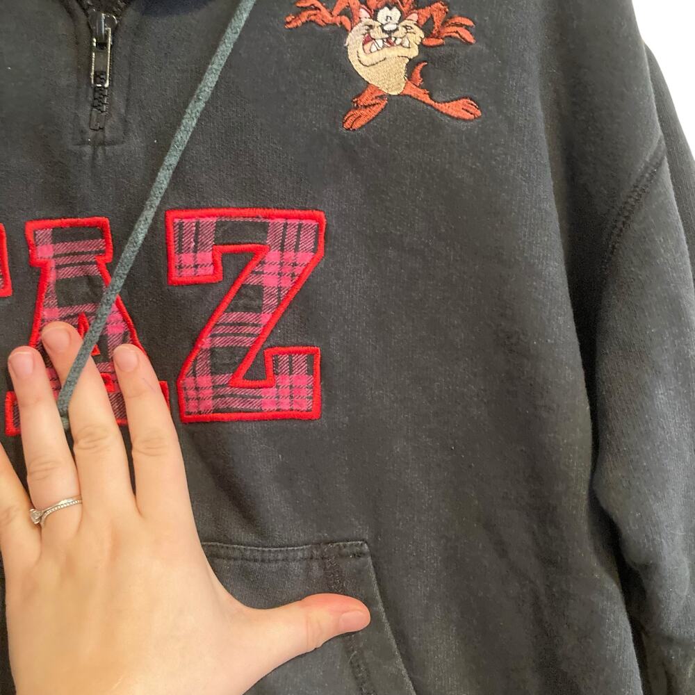 Y2K Looney Tunes Black Pink Plaid Taz Tasmanian Devil cartoon Hoodie Size Medium - Picture 7 of 16